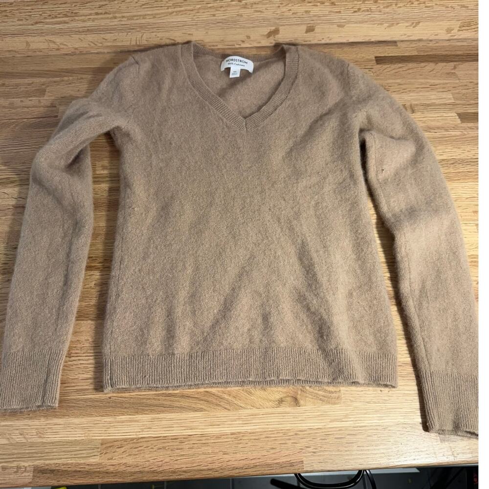 Nordstrom 100% Cashmere V Neck Sweater Women's XS Taupe Beige